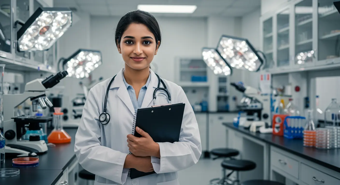 Student in lab coat holding a clipboard in a clinical embryology lab, representing B.Sc. and M.Sc. Clinical Embryology programs