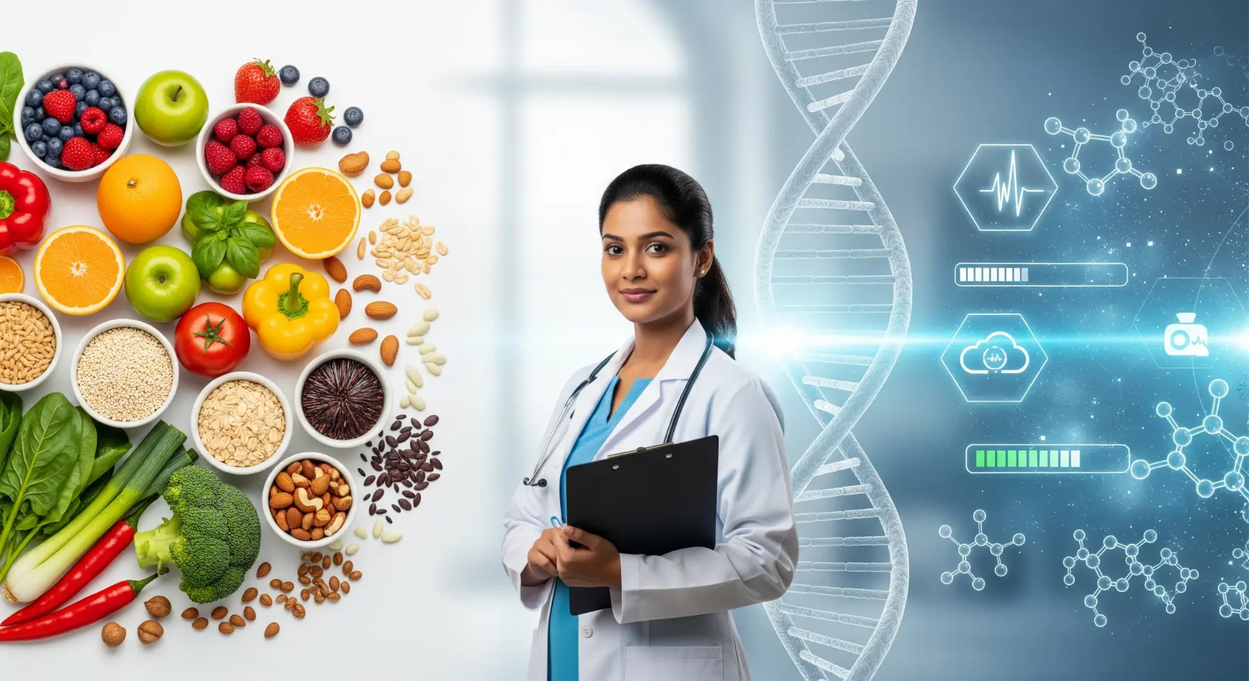 Food Nutrition and Dietetics career guide illustration showing a young nutritionist with healthy foods, DNA helix, and digital healthcare icons, representing courses, jobs, and future opportunities in nutrition science.